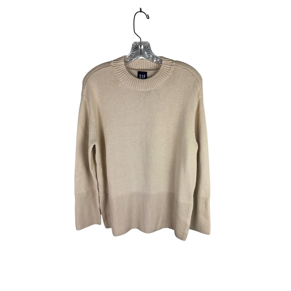 Gap Womens Beige Cotton Crewneck Sweater Ribbed Knit Side Slit Tan Small